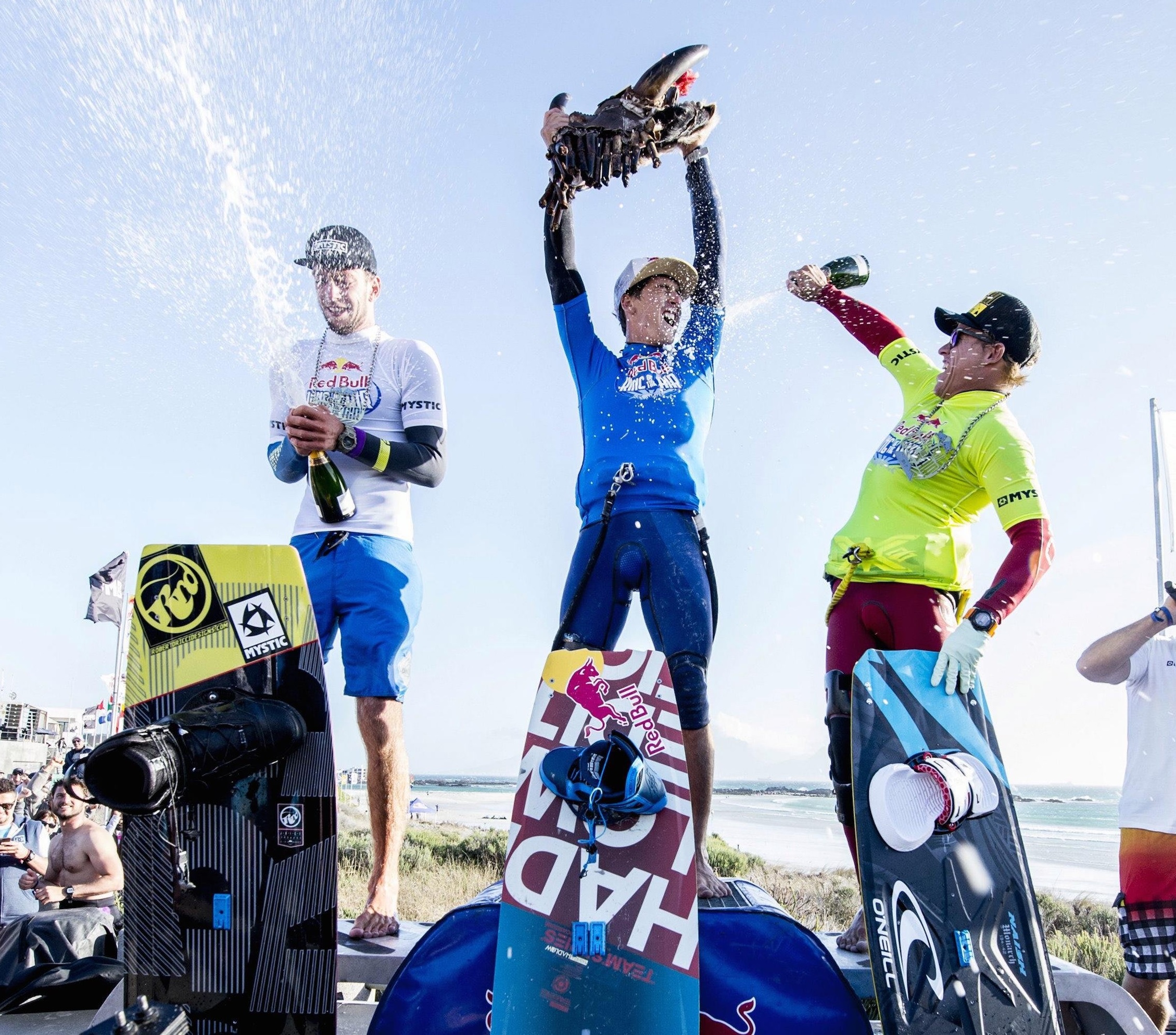 Aaron Hadlow celebrating on the Red Bull King of the Air podium